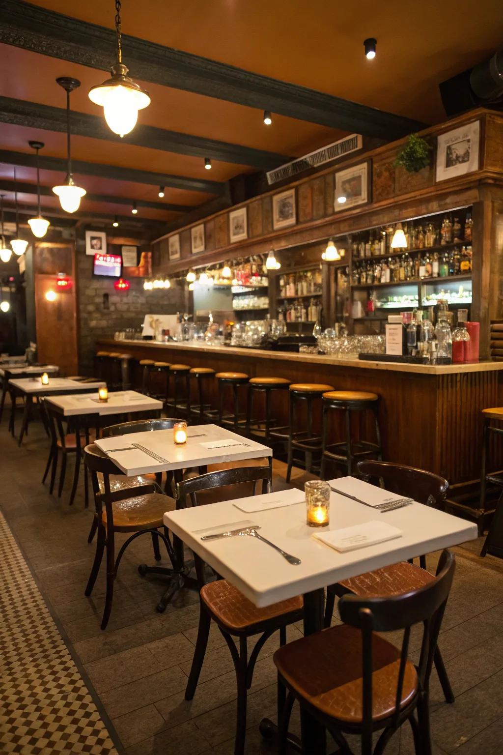 Multi-functional fixtures optimize space, making the most of a compact restaurant bar.