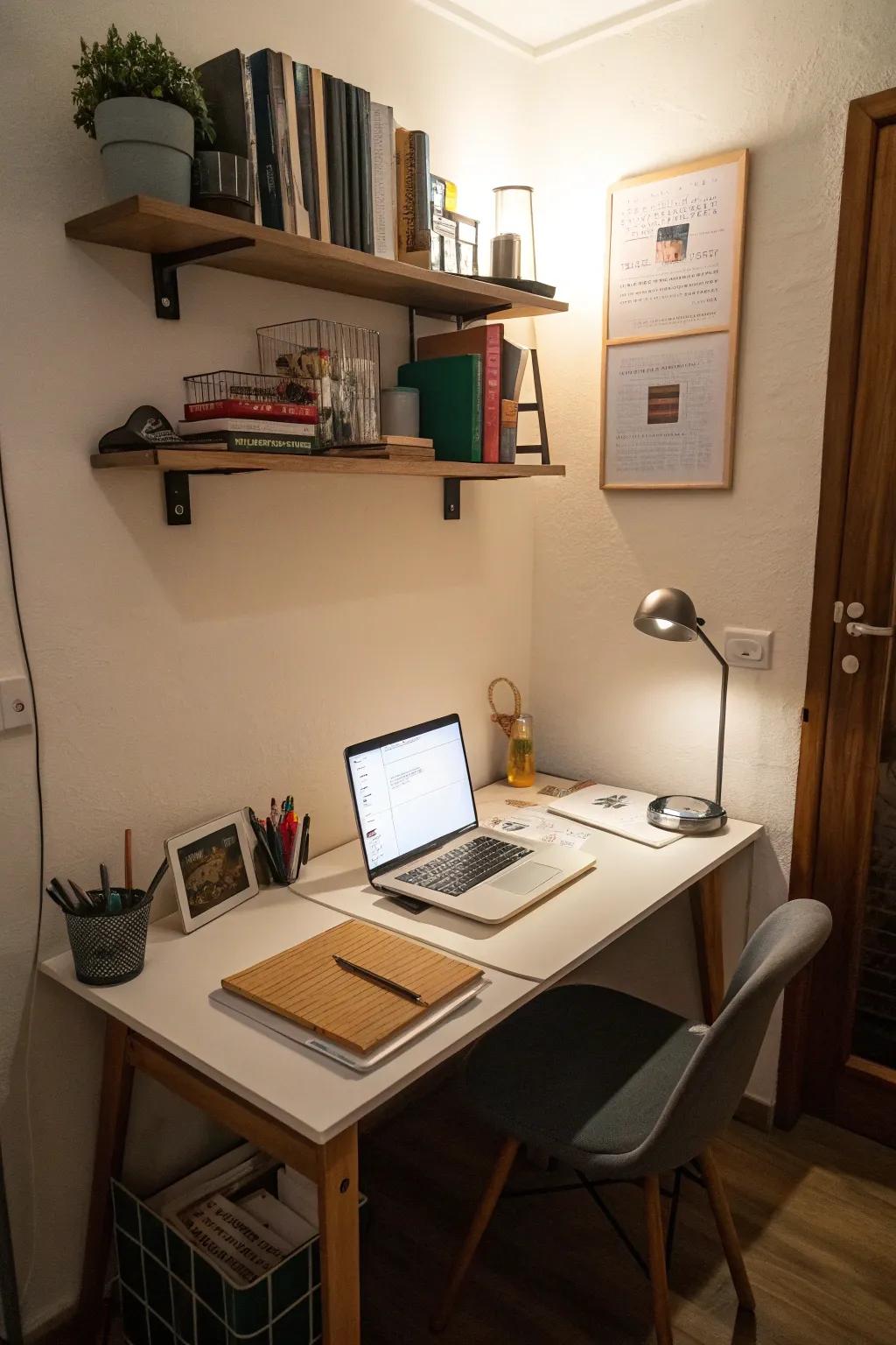 A wall-affixed desk conserves space and provides functionality.