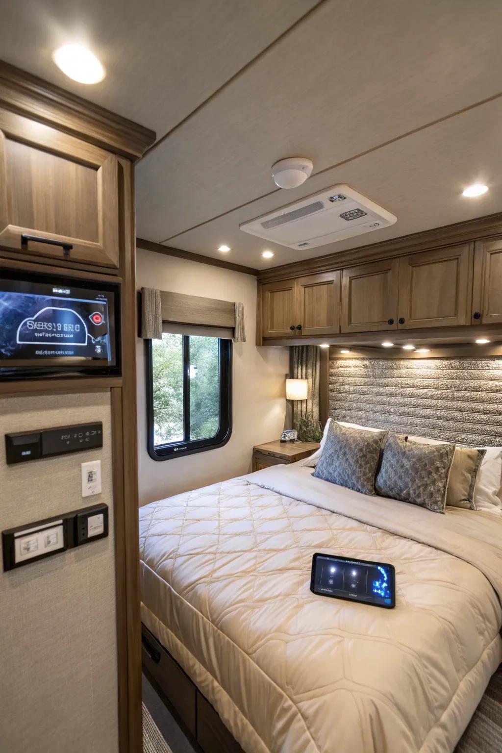 Smart technology introduces convenience and modernity to your RV bedroom.