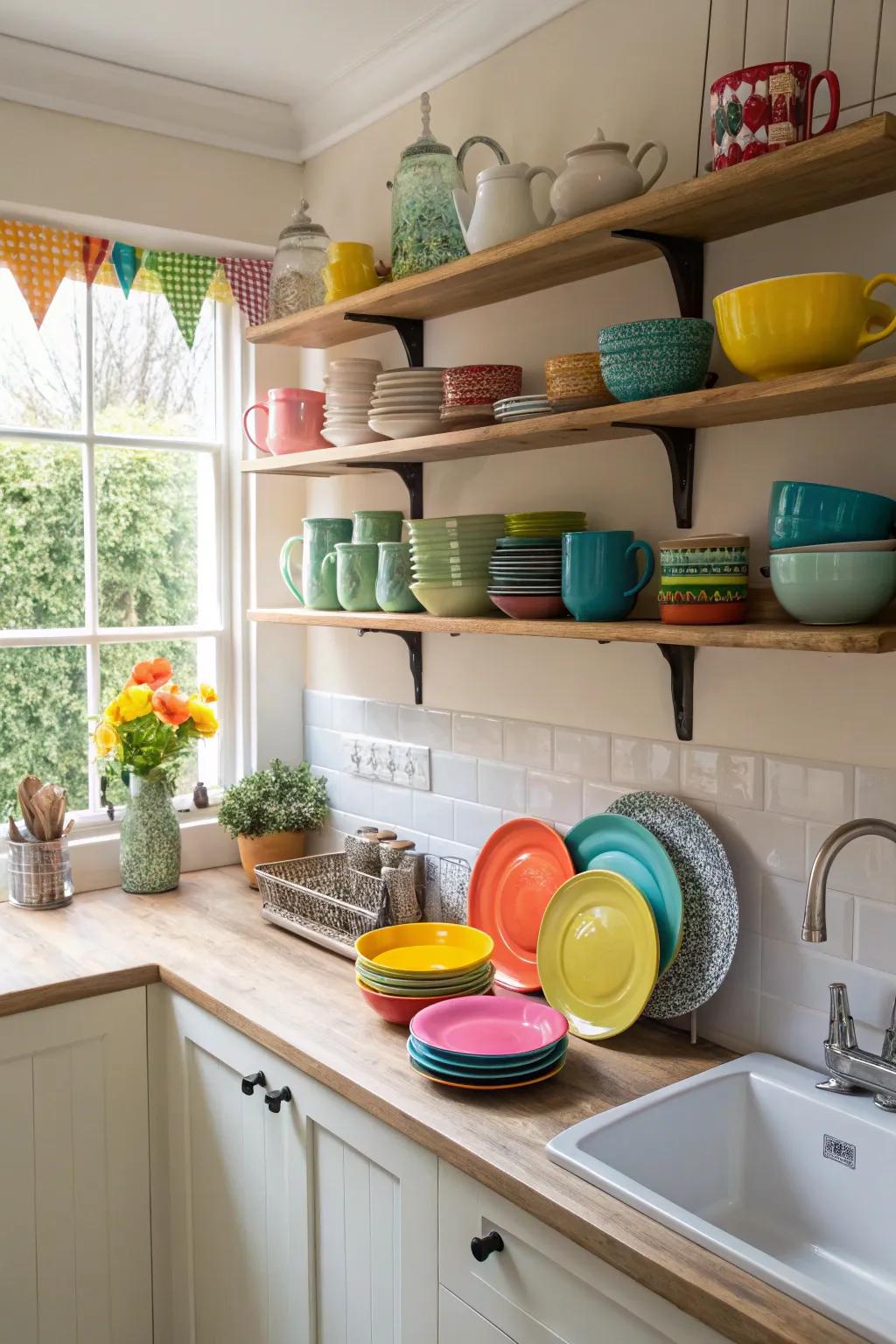 Elevated shelves provide both storage and style to a small kitchen.