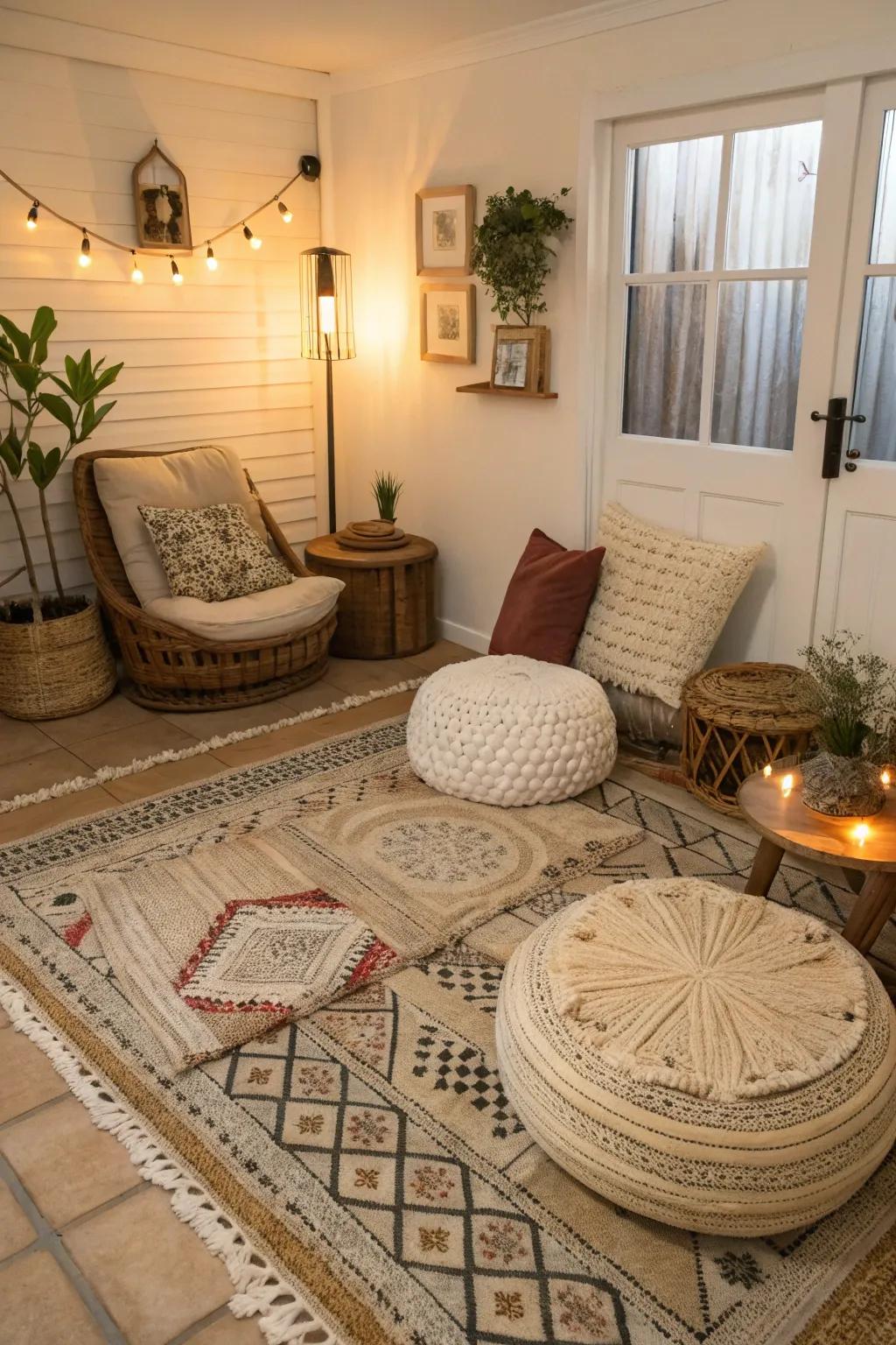 Used carpets define spaces and add textural interest.