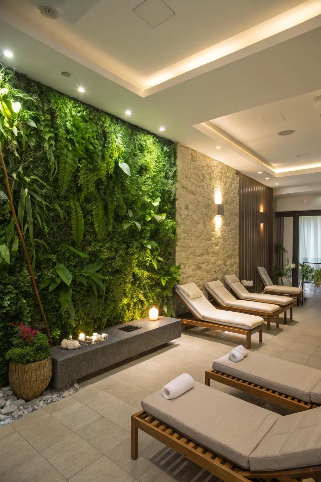 Living wall bringing nature into a spa room