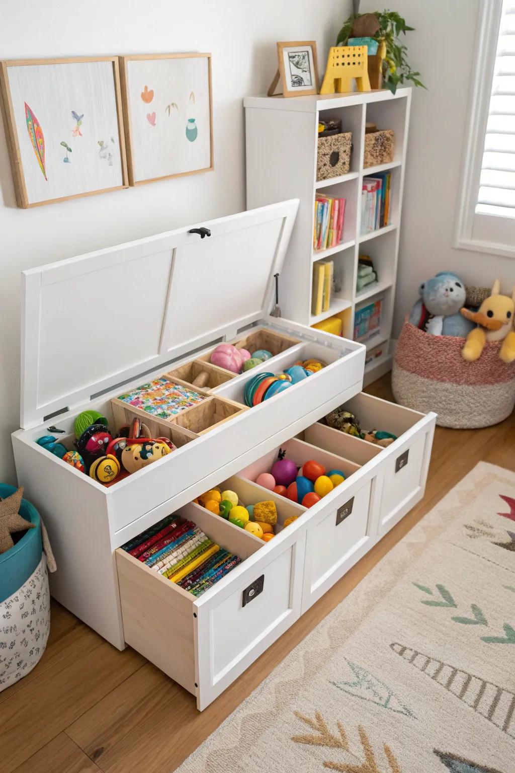 A toy chest featuring compartments for comprehensive storage solutions.