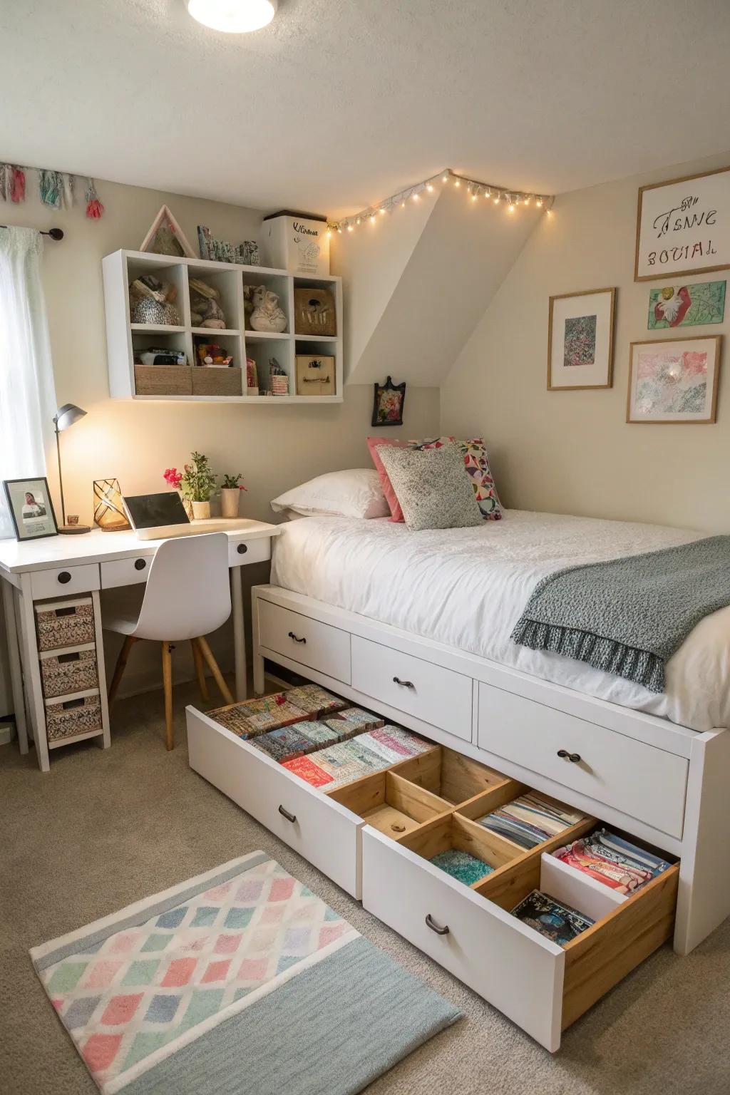 Under-bed storage solutions maintain the organization and cleanliness of the space.