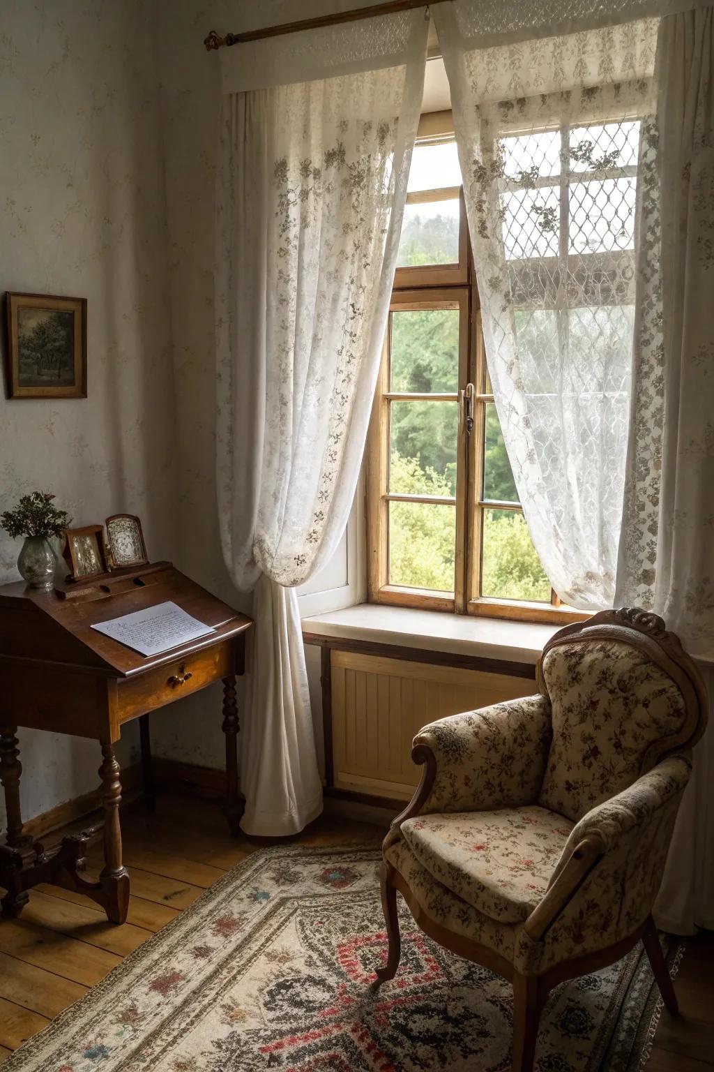 Lace curtains offer a timeless, vintage charm with their delicate texture.