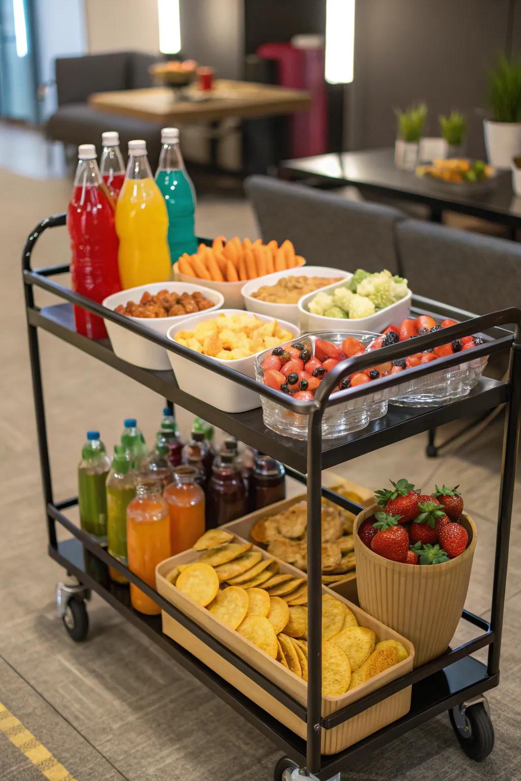 A rolling stand adds flexibility to snack storage.