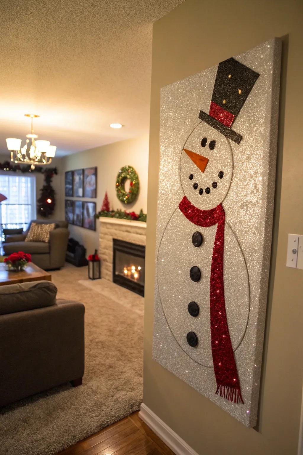 Snowman wall artistry incorporates a burst of seasonal charm.
