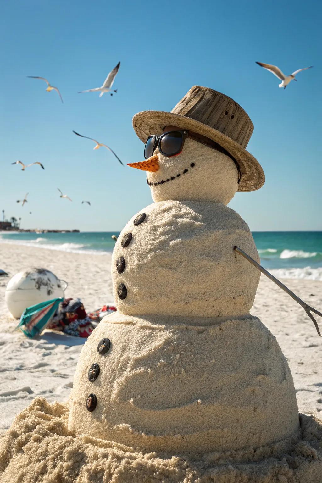 A littoral snow person reveling in the sun through littoral accessories.