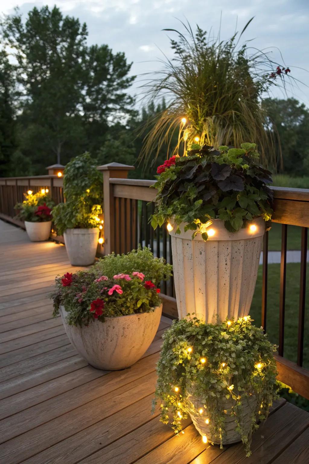 A combination of greenery and light is provided by solar lighted planters.