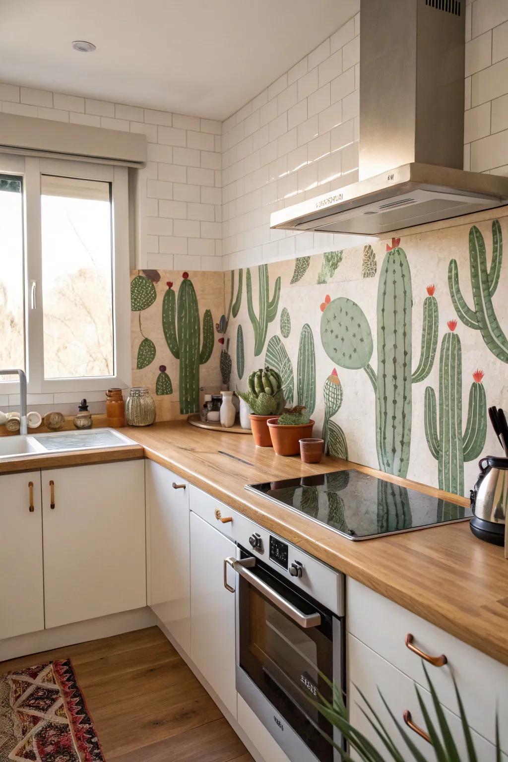 Cactus-shaped tiles add a fun, playful element to the kitchen.