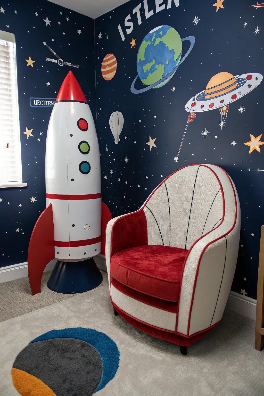 Rocket-shaped furnishings add whimsy and adventure.