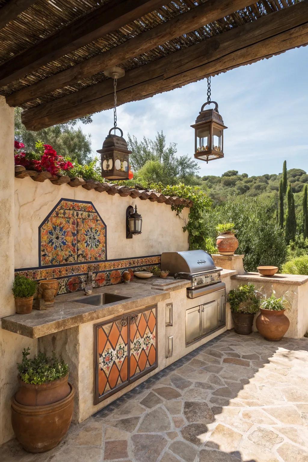 Stucco walls lend a classic Spanish impression to this charming outdoor kitchen.