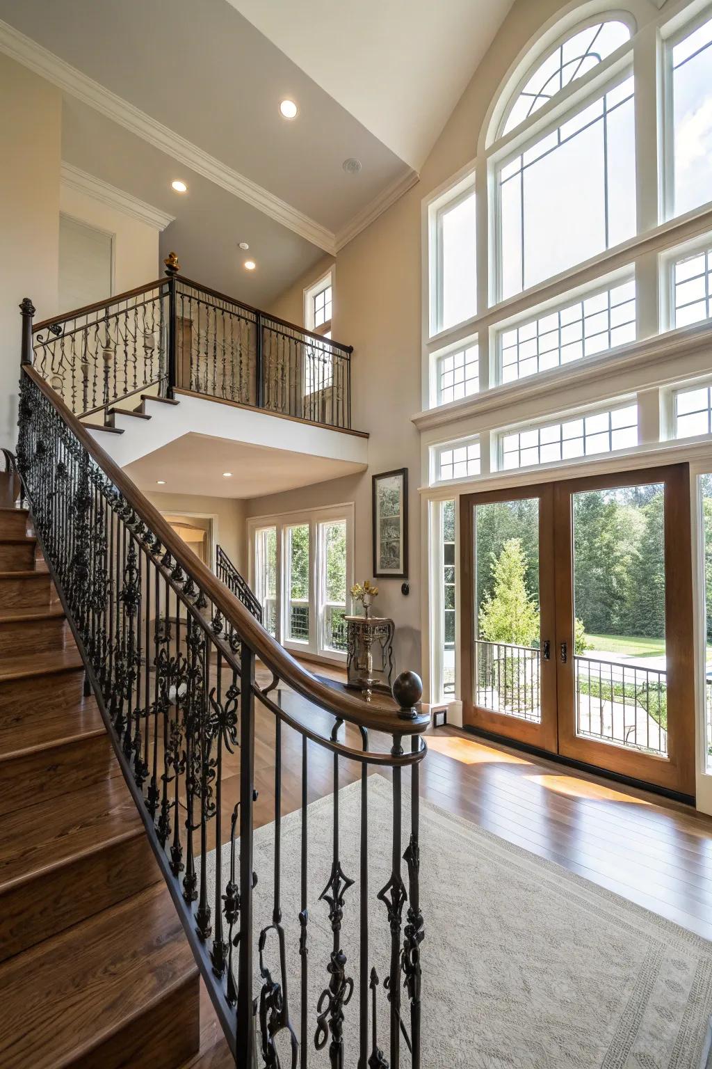Black iron spindles offering a contemporary cool design in a split-level dwelling.