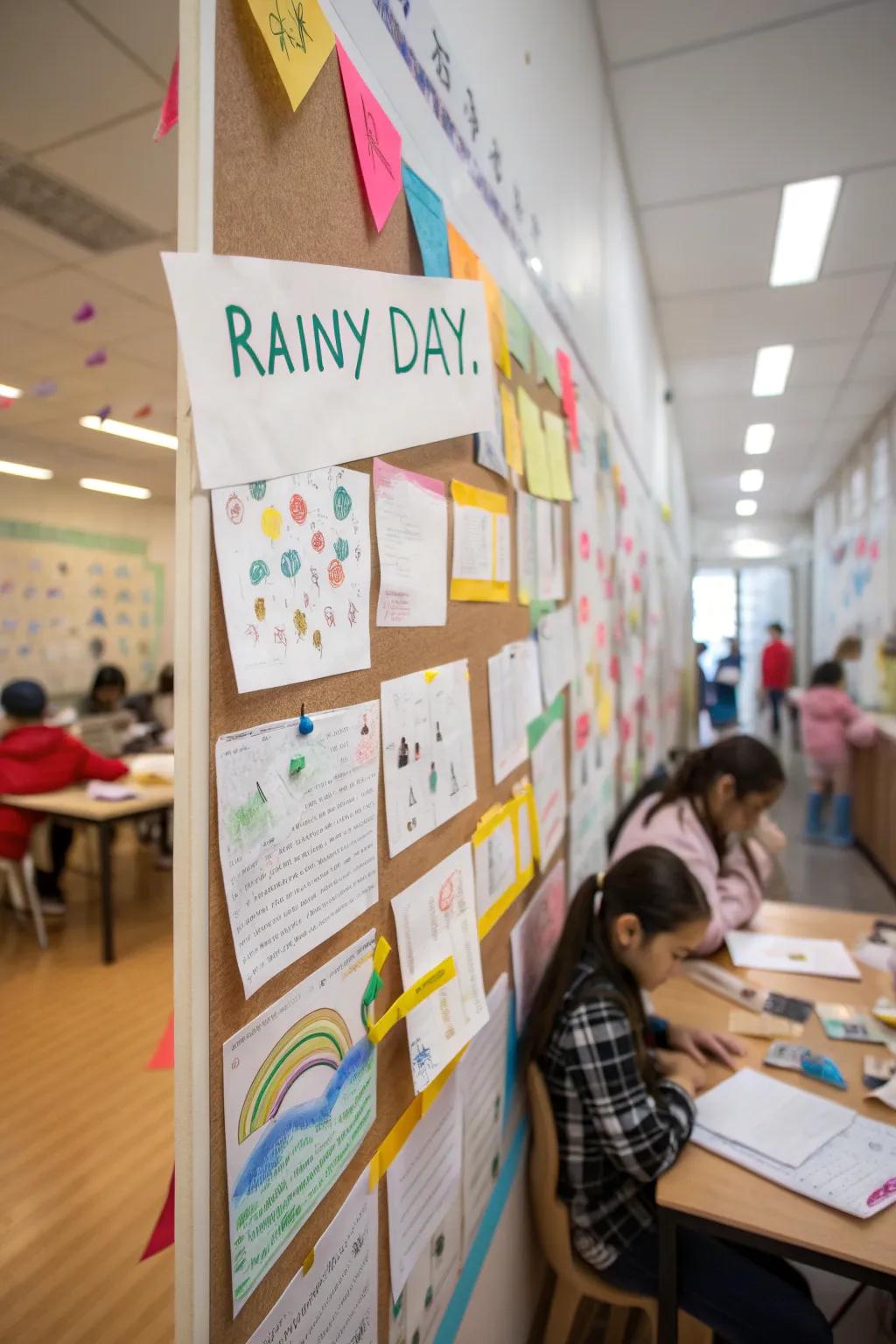 A creative notice board featuring wet day writing prompts and student stories.