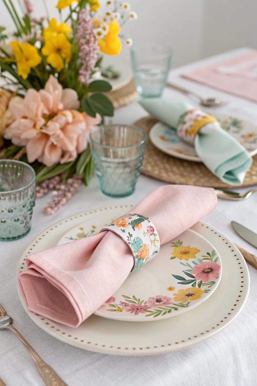 Spring-themed napkin rings add a delightful detail.