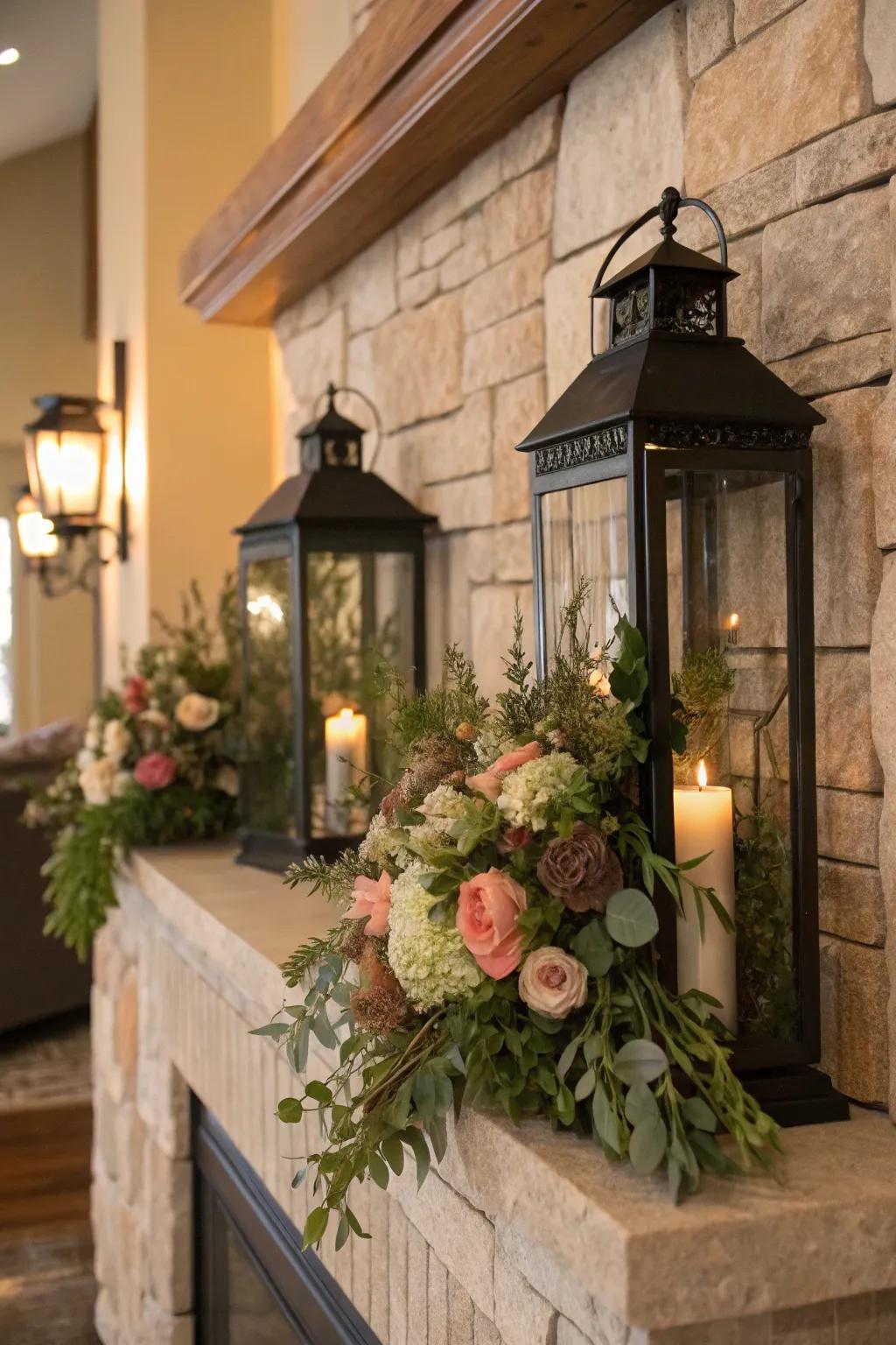 Lanterns with floral arrangements apply a refreshing spring accent.