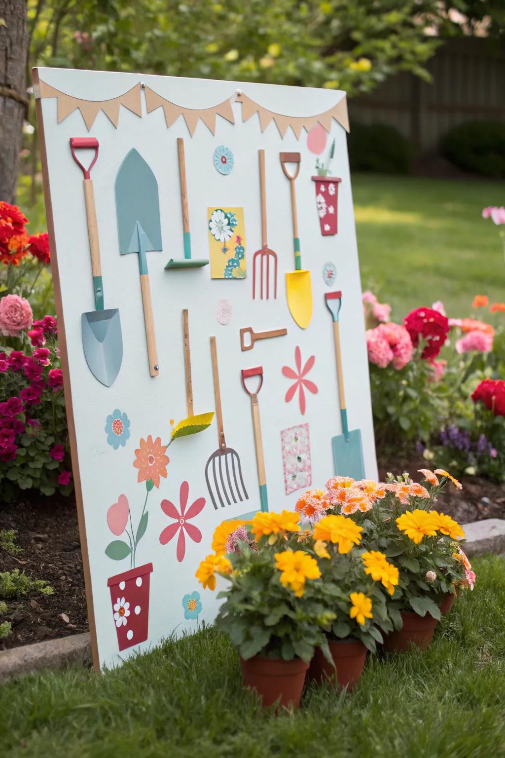 Mini garden tools emphasizing growth on the spring bulletin board.