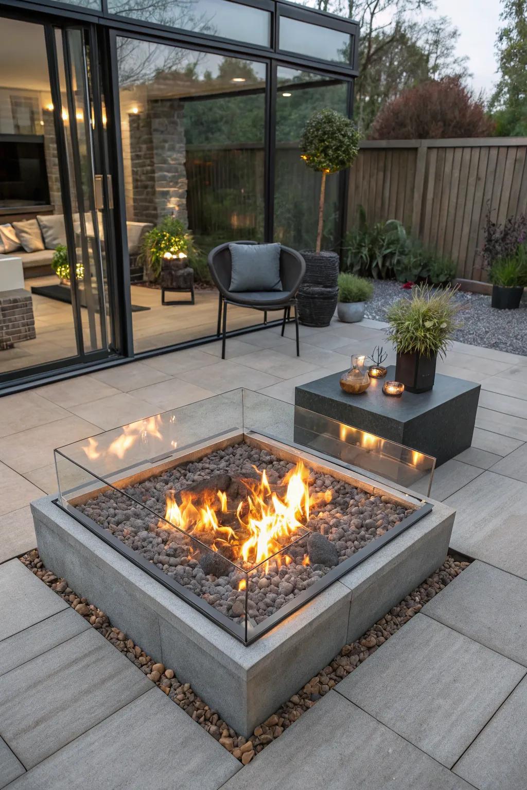 Glass walls give a modern, safe, and beautiful fire pit experience.