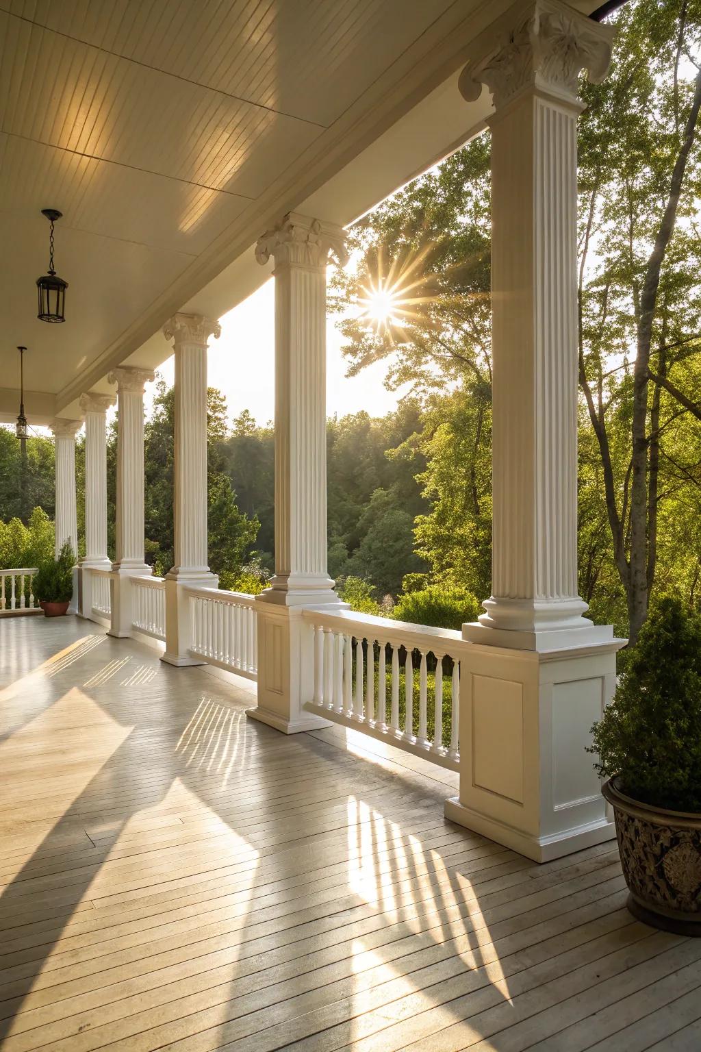 Polished rectangular pillars add a luxurious sheen to the porch.