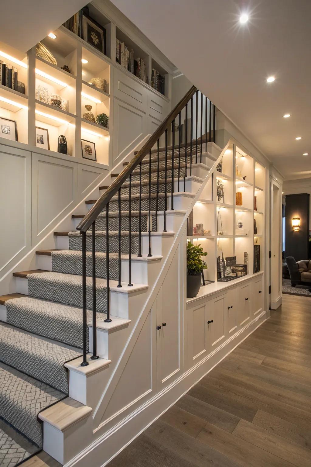 Built-in shelving adds style and functionality.