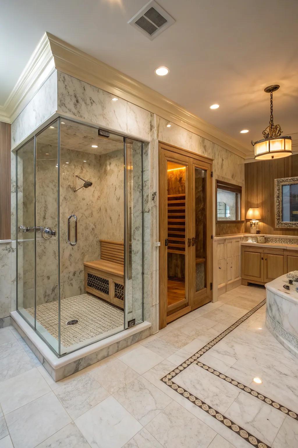 A shower paired with a sauna offering ultimate relaxation and wellness.