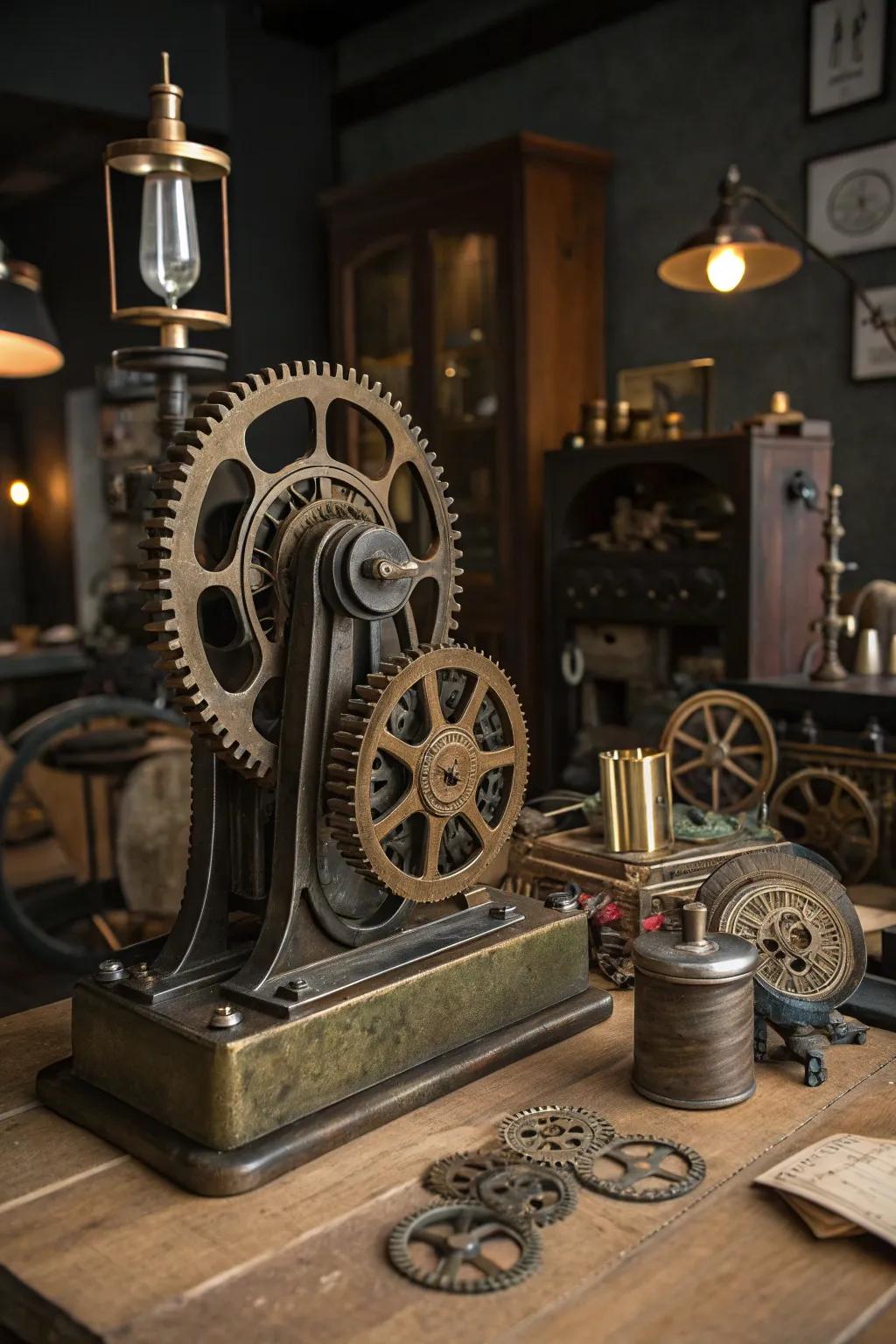 A steampunk art installation infuses dynamic energy into this interior.