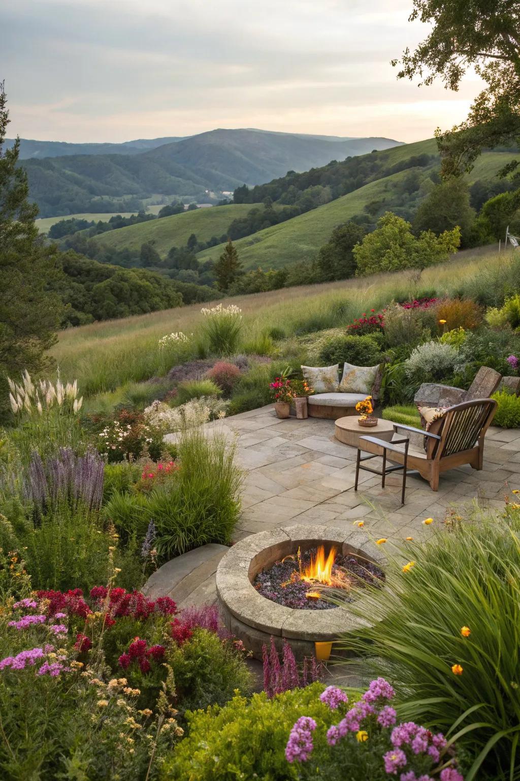 A fire pit becomes a warm, inviting hillside feature.