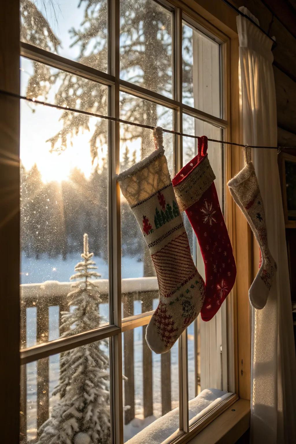 Window frames provide a sunny spot for stockings.