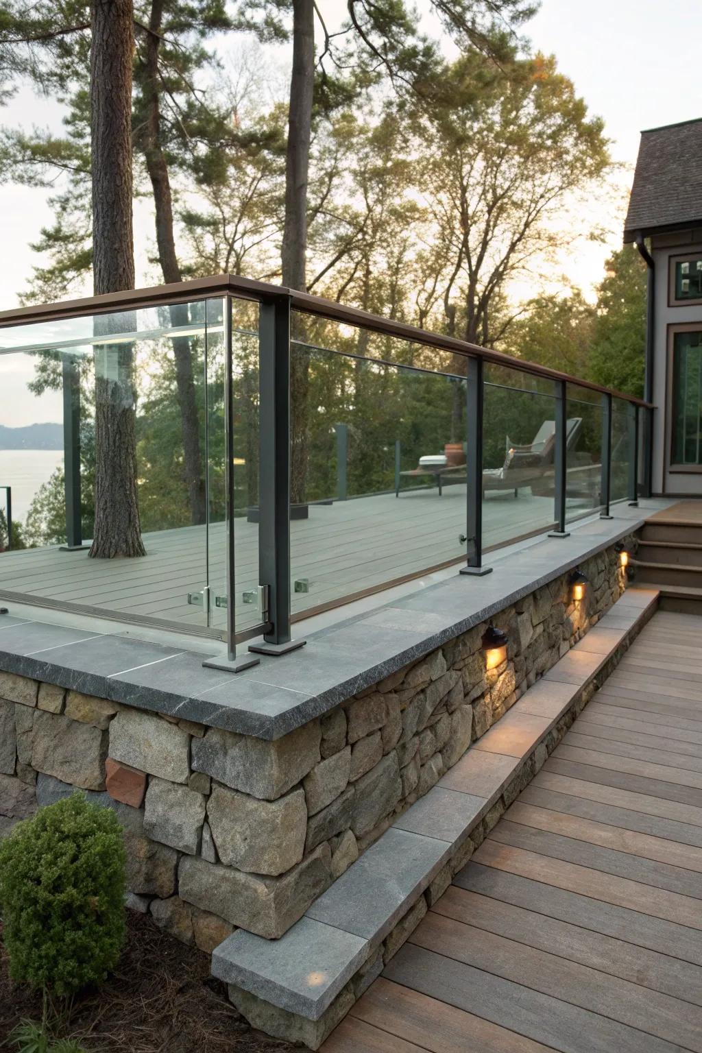 A sophisticated deck spotlighting a novel mix of rock and glass skirting.