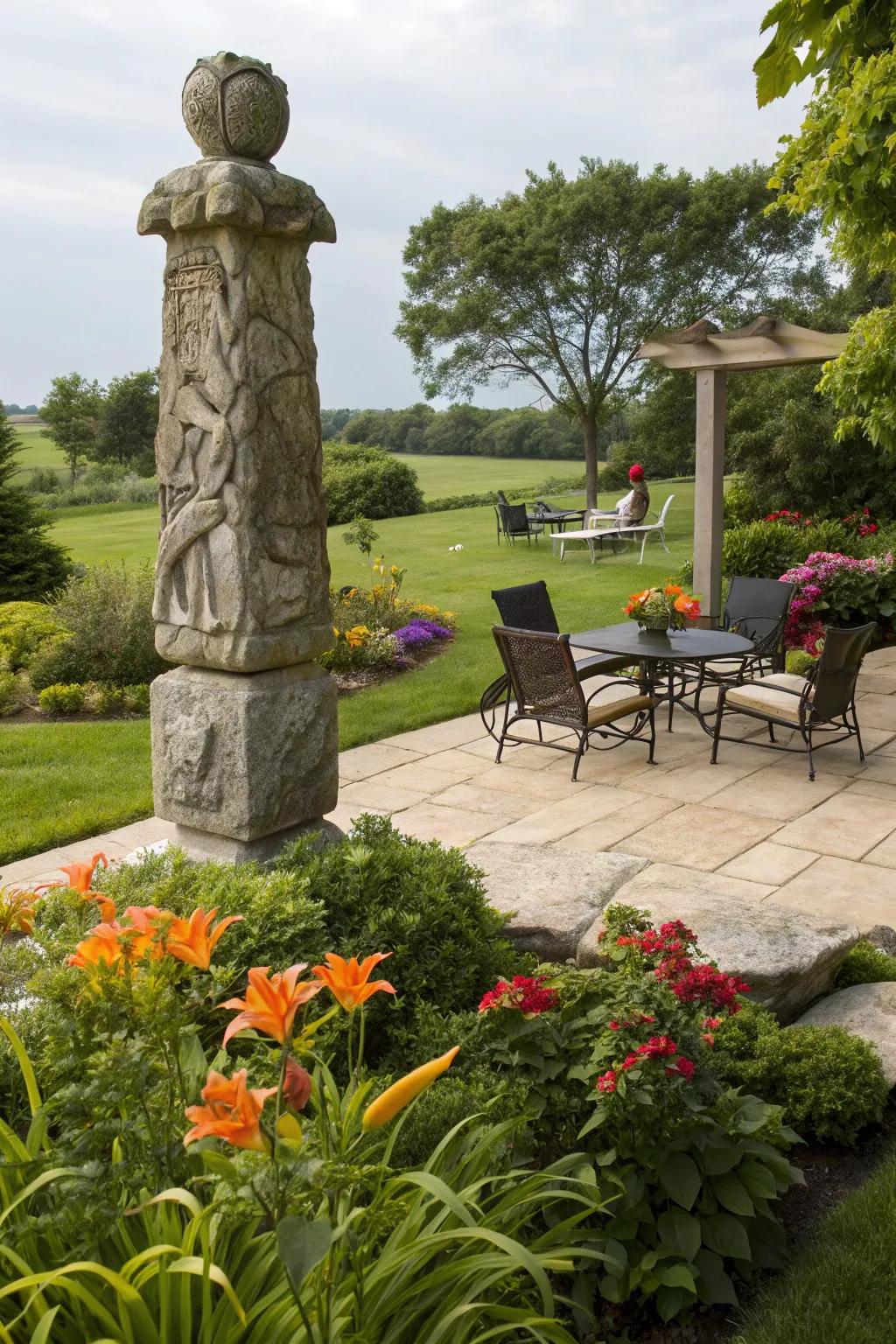 An eye-catching stone figurine elevating garden layout.
