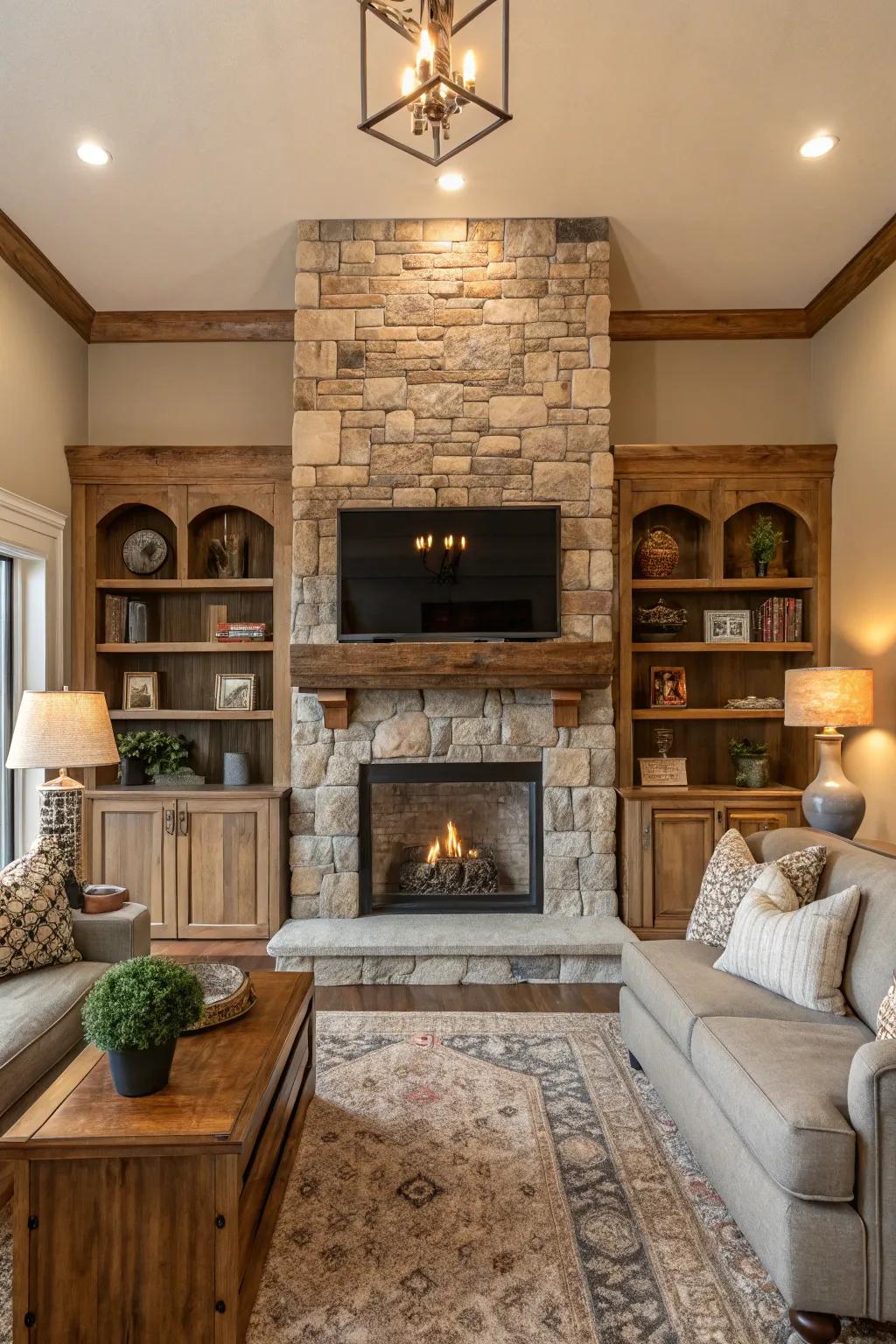 Fashion visual accordance through symmetrical shelving that frames your stone hearth exquisitely.