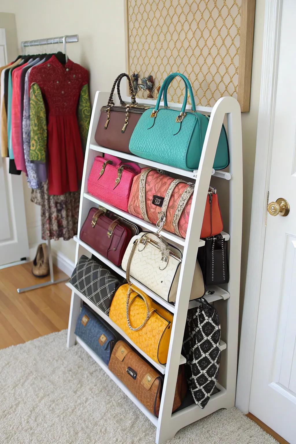 Purses sitting on a shoe rack.