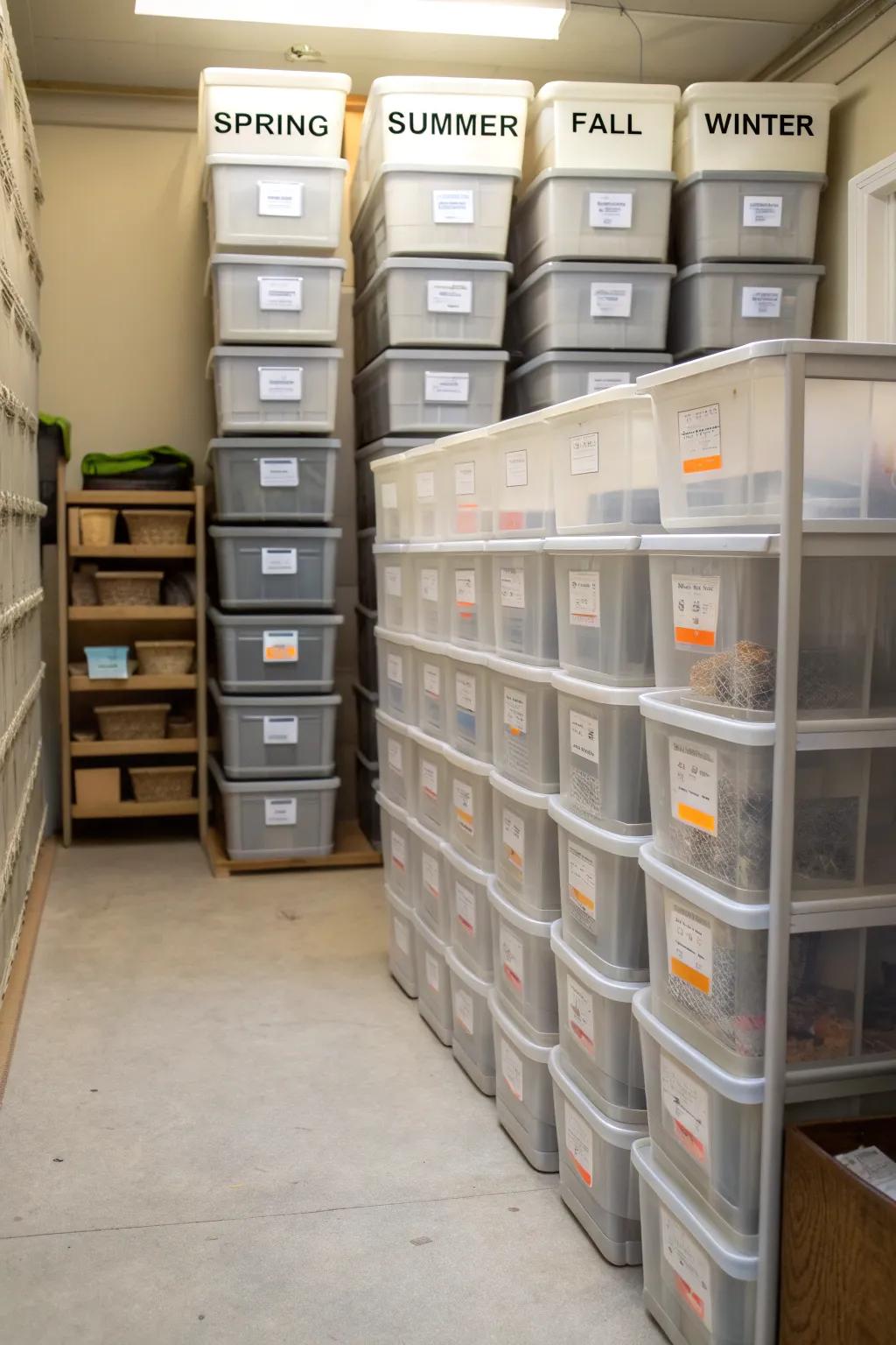 Seasonal storage swapping keeps items accessible.