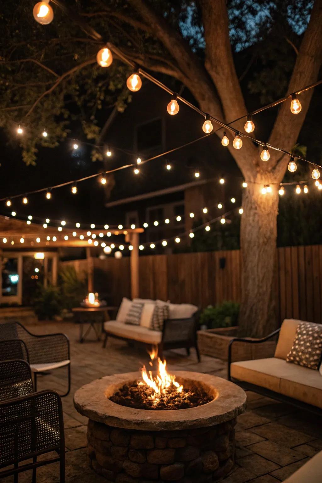 Bistro-style string lights add a lively ambiance.