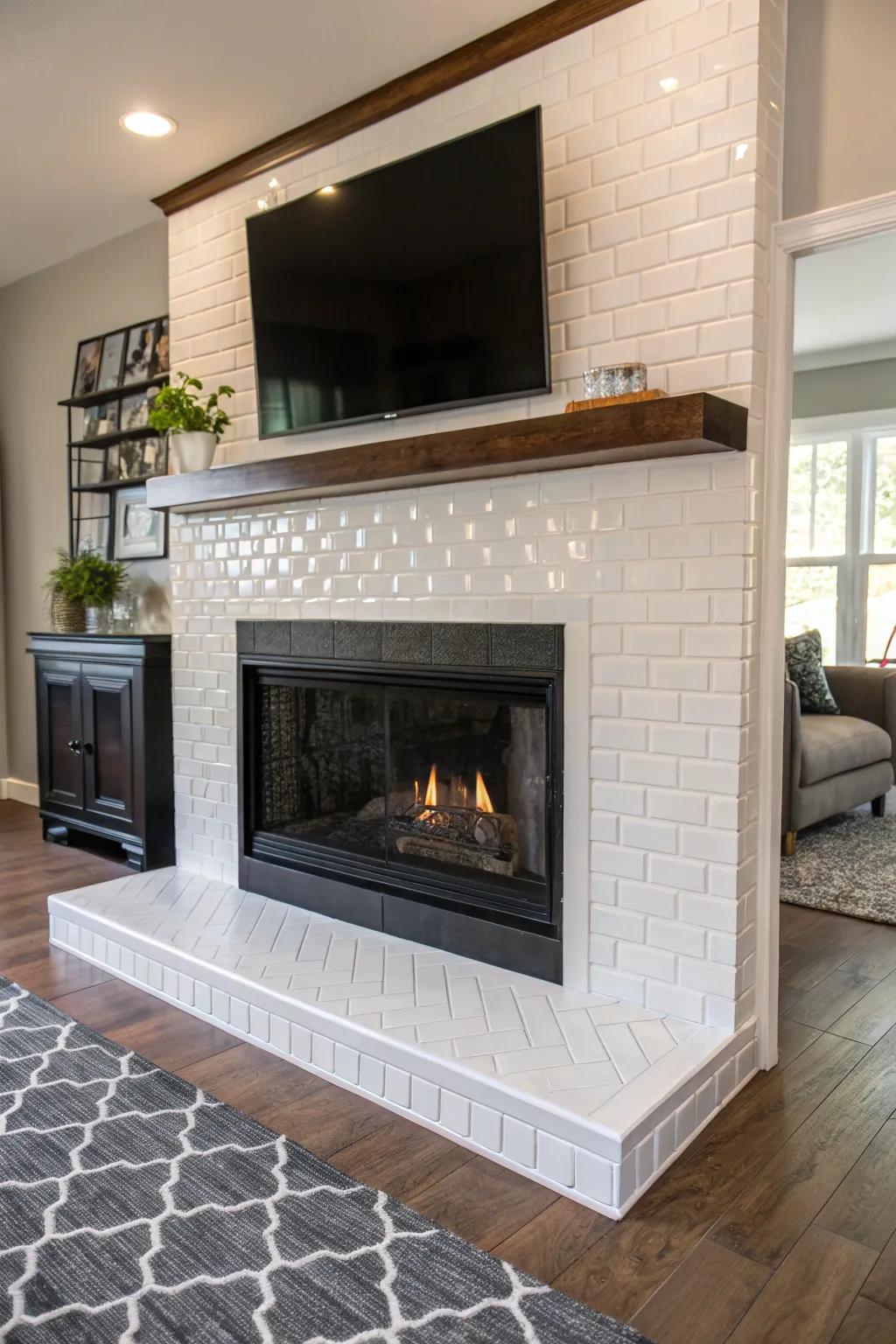 Mixing textures in tiles adds depth to this stylish fireplace.