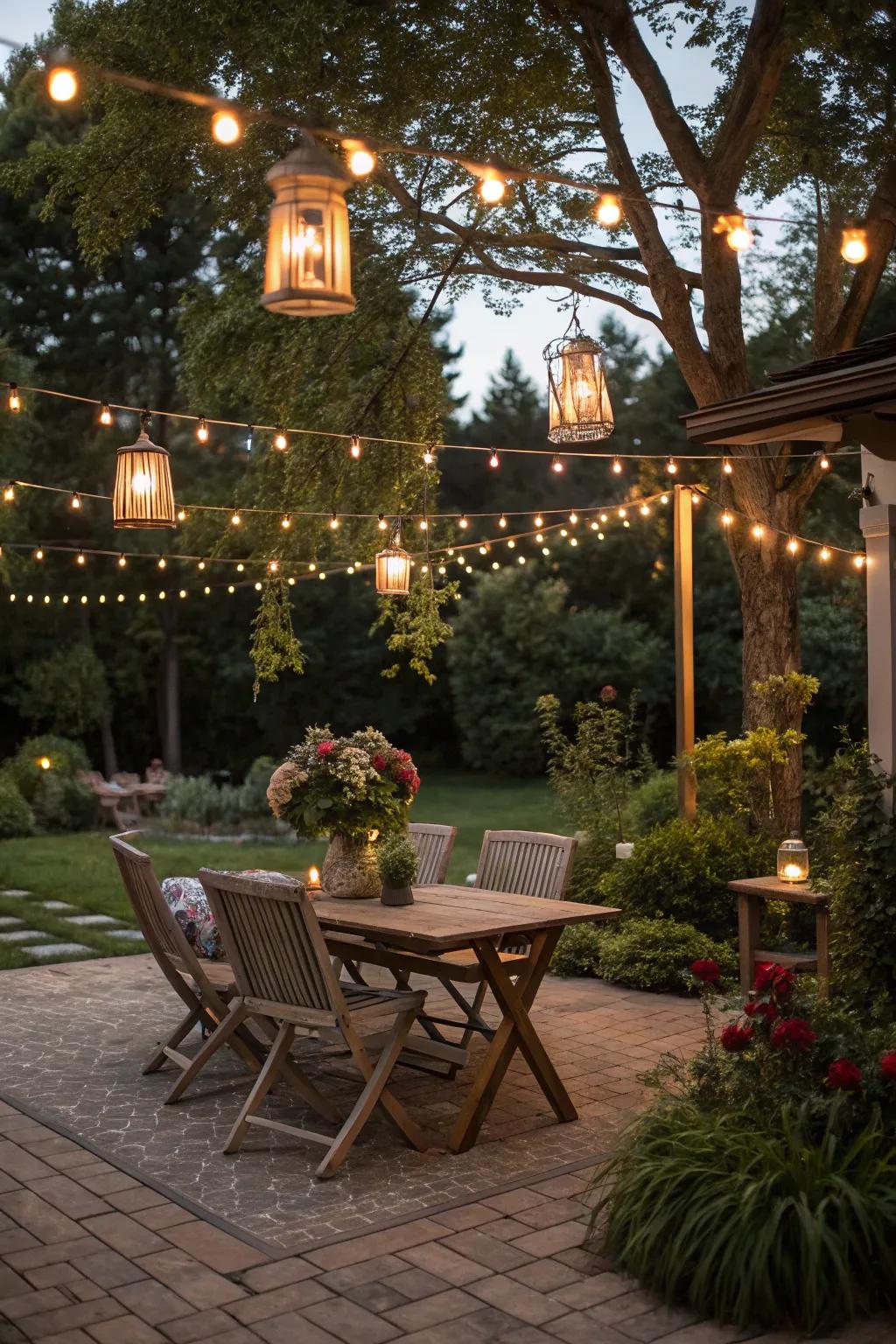 Atmospheric illumination with string lights transforms this patio for evening gatherings.