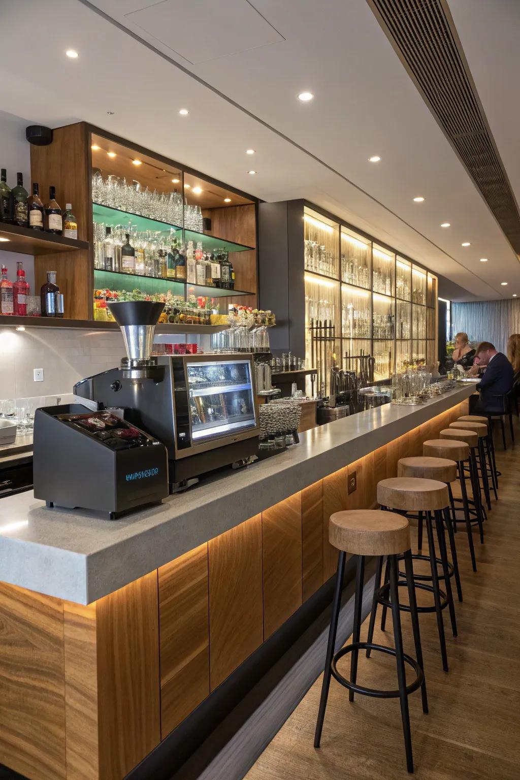 A size-conscious espresso bar that transforms into a cocktail corner by night.