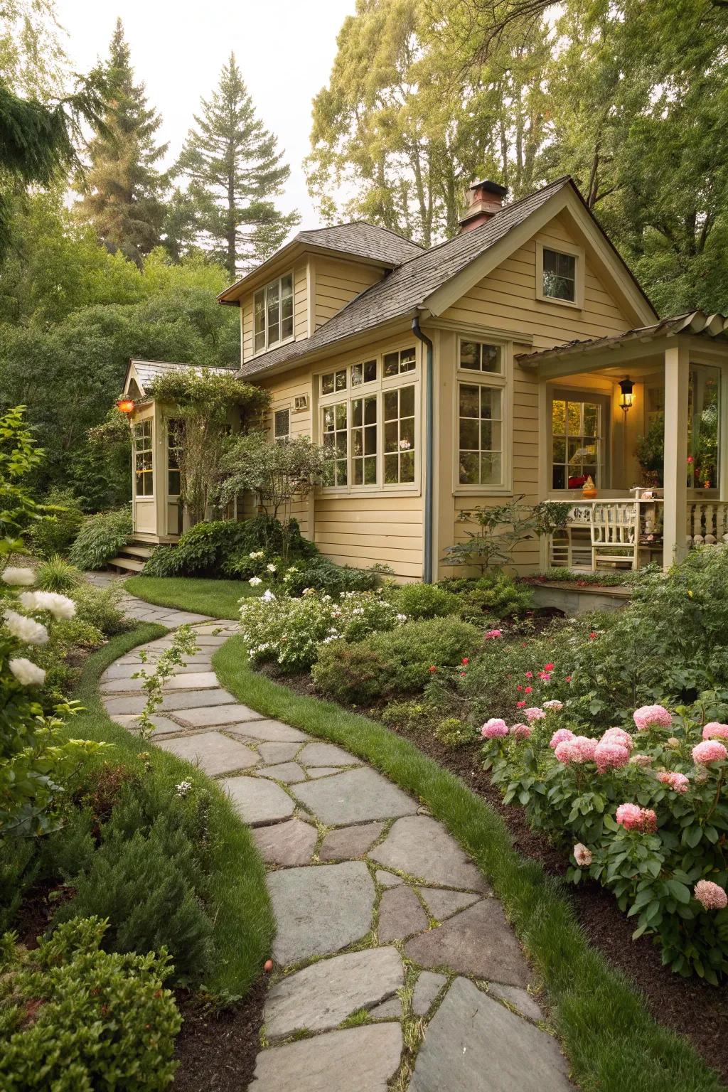 A heated fawn summer house, providing a cozy and inviting garden retreat.