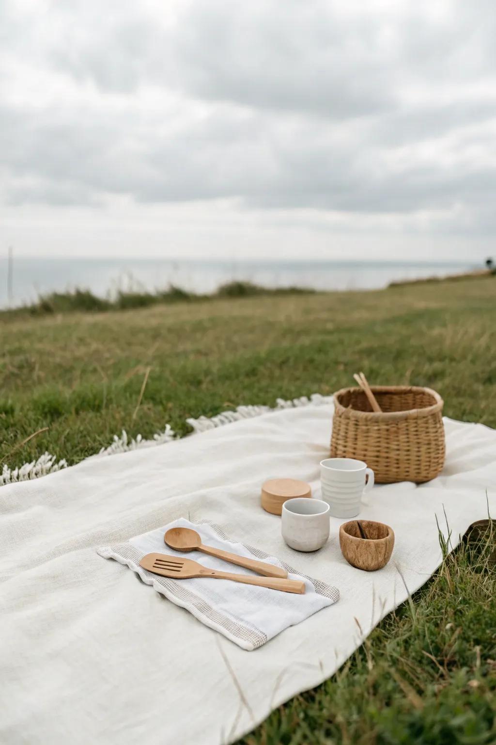 A minimalist picnic setup with a serene and elegant atmosphere