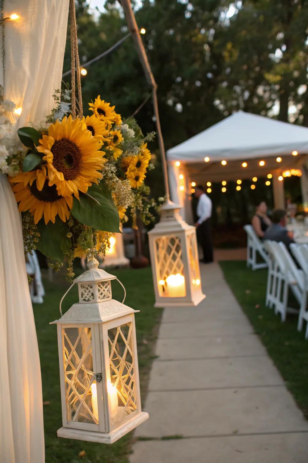Golden bloom-decorated lanterns creating a magical ambiance.