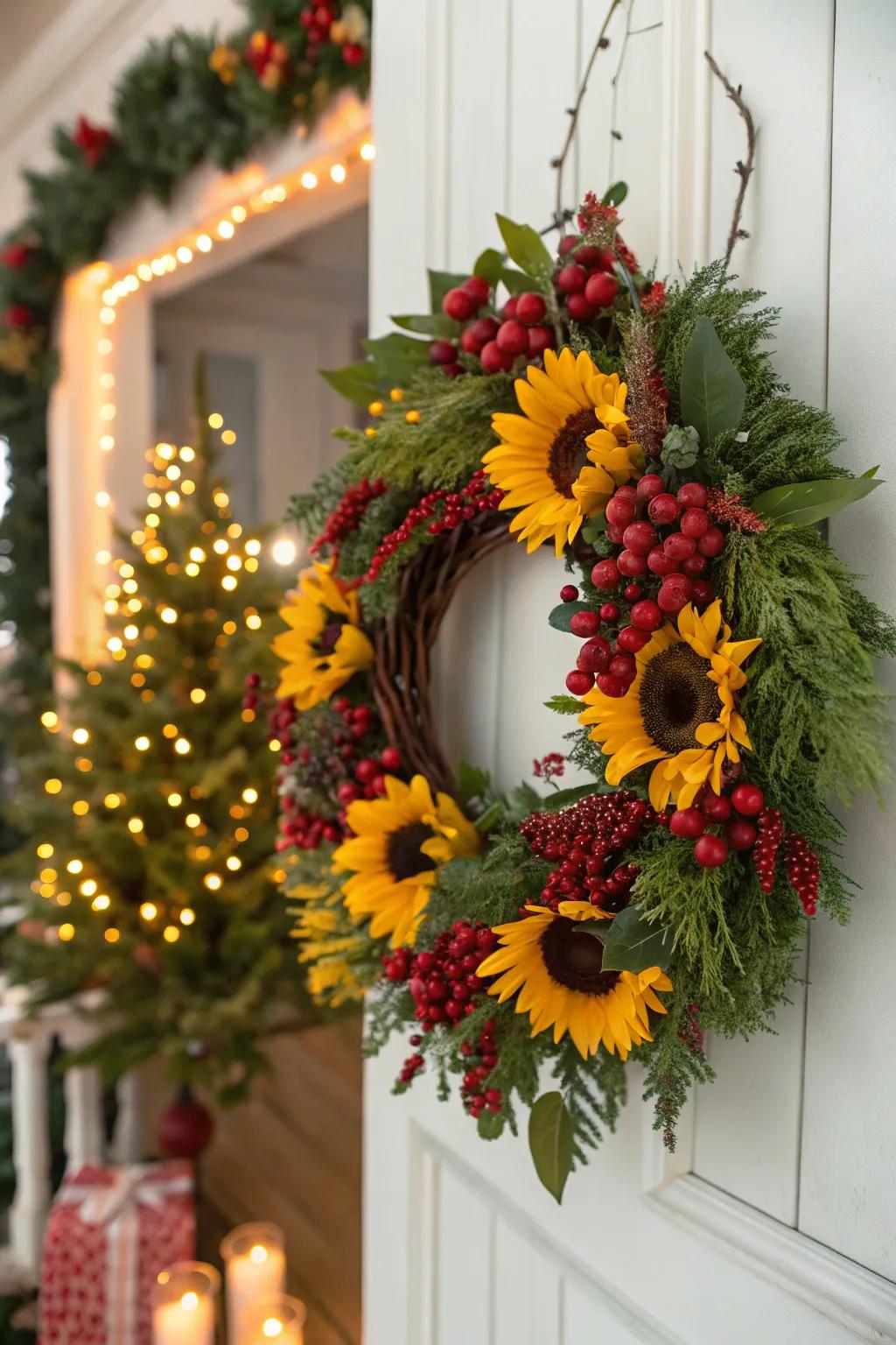 Embrace the festive spirit with a sunflower wreath adorned with a vibrant berry garland.