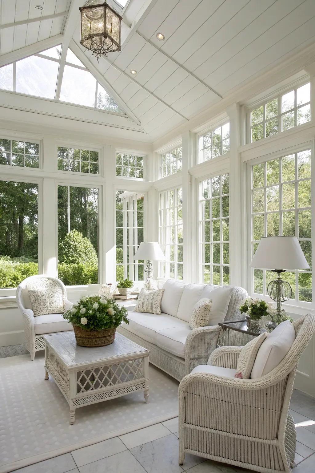 A sunroom created with an all-white color scheme is the height of elegance.