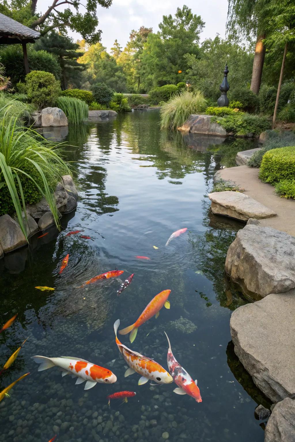 These colorful swimmers add life to this swimming pond.