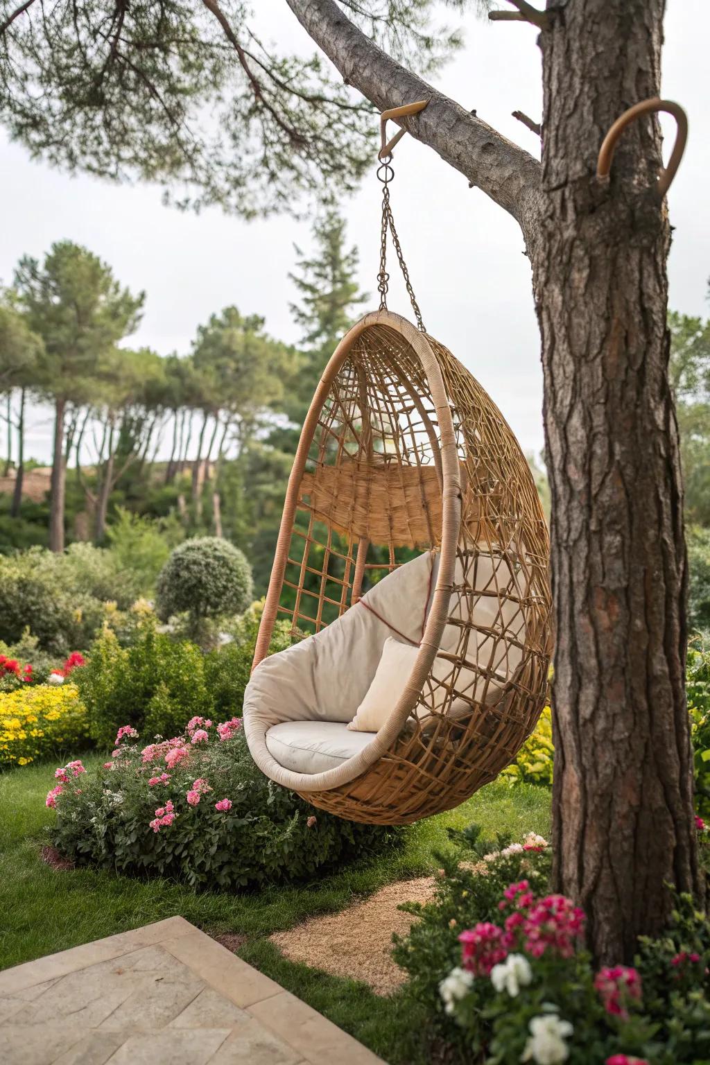 A wicker cocoon swing delivers a snug garden retreat.