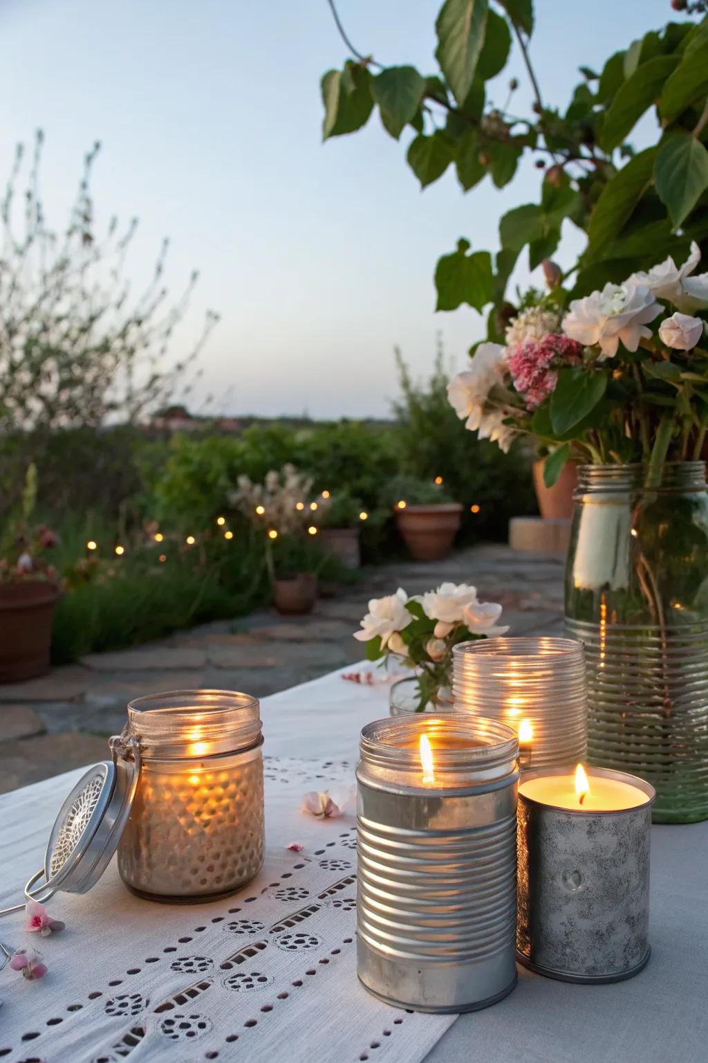 DIY candle holders bring a warm and personal glow to the table.
