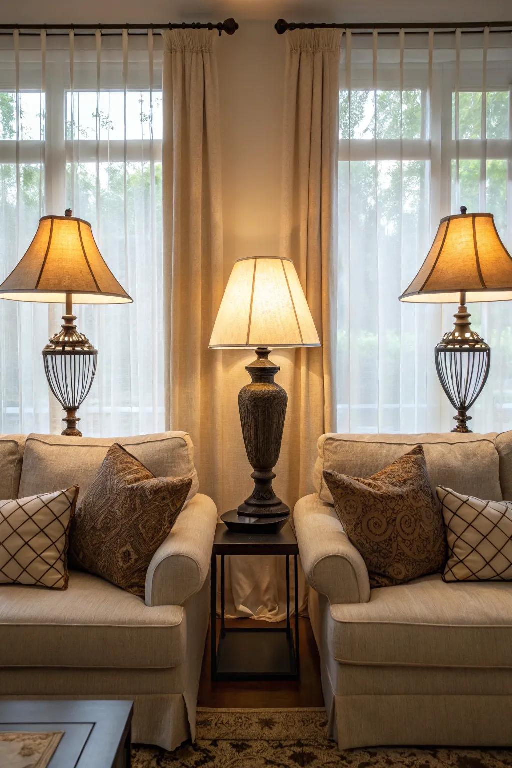 Symmetrical table lamps add balance and elegance to a living room.