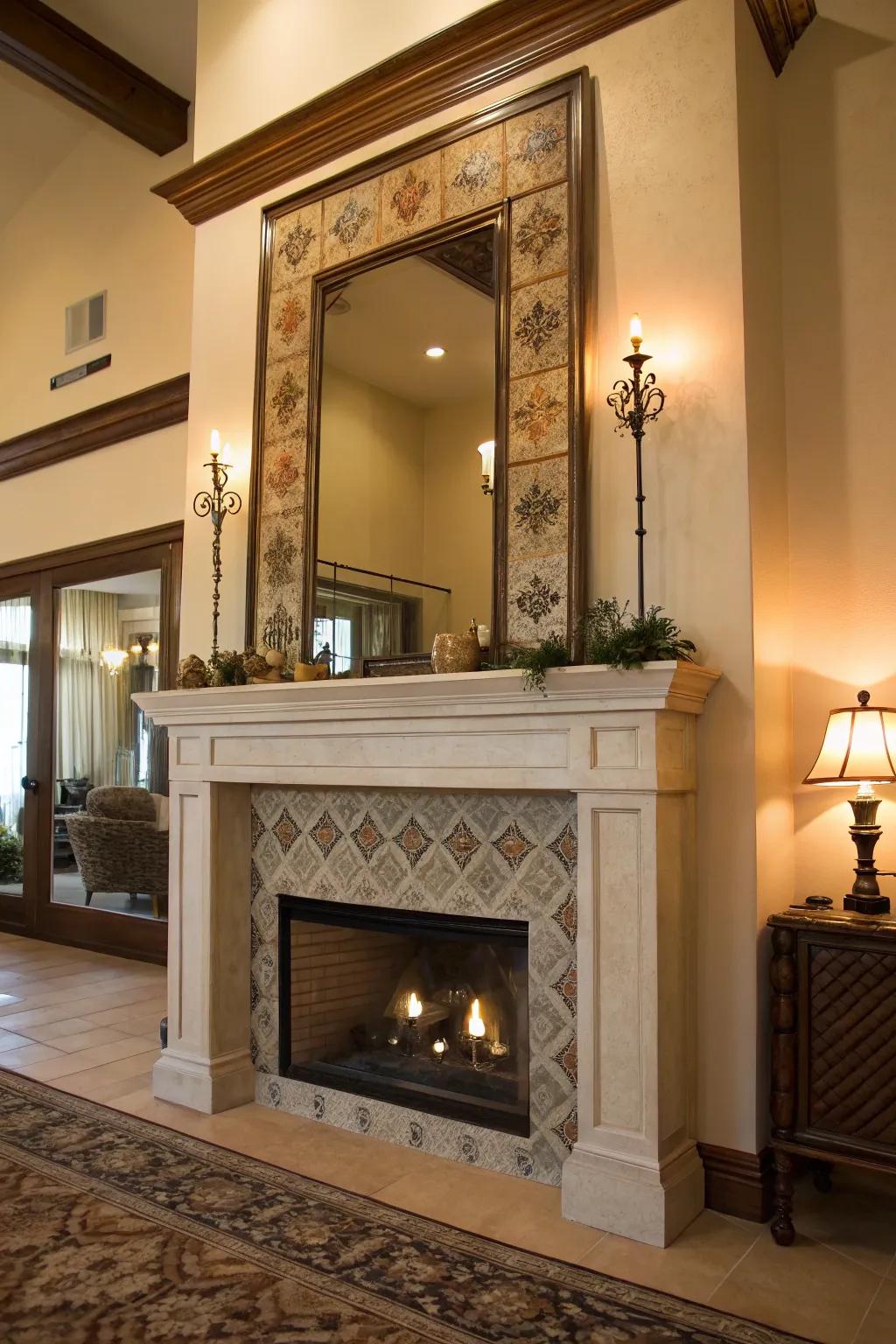 A complete length reflective panel appends sophistication and space to a fireplace wall.