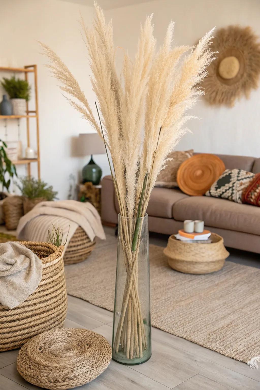 A tall glass vase filled with pampas grass, adding height and boho style to the living room.