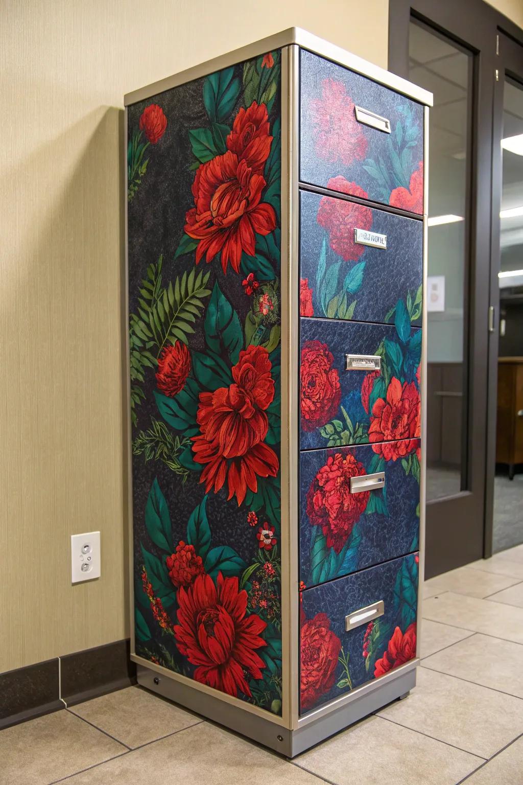 Give your filing cabinet a striking revamp using vibrant botanical textile for a hint of artistry and style.