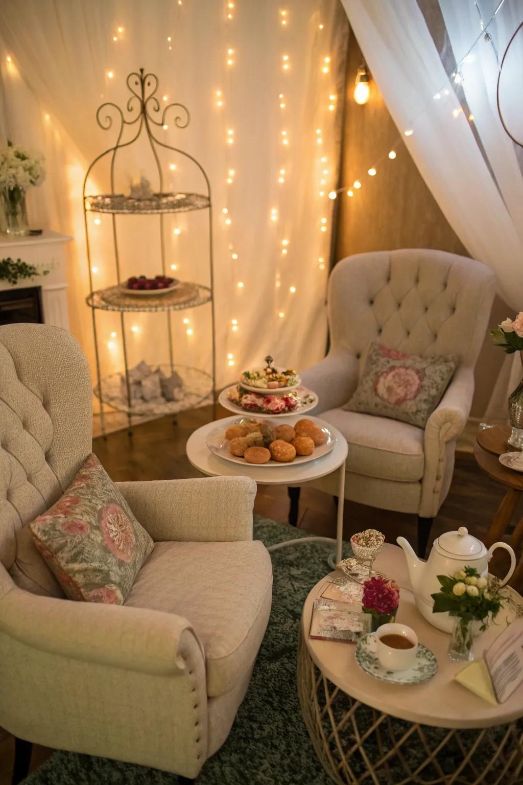 A snug indoor setting fashions an intimate tea event vibe.
